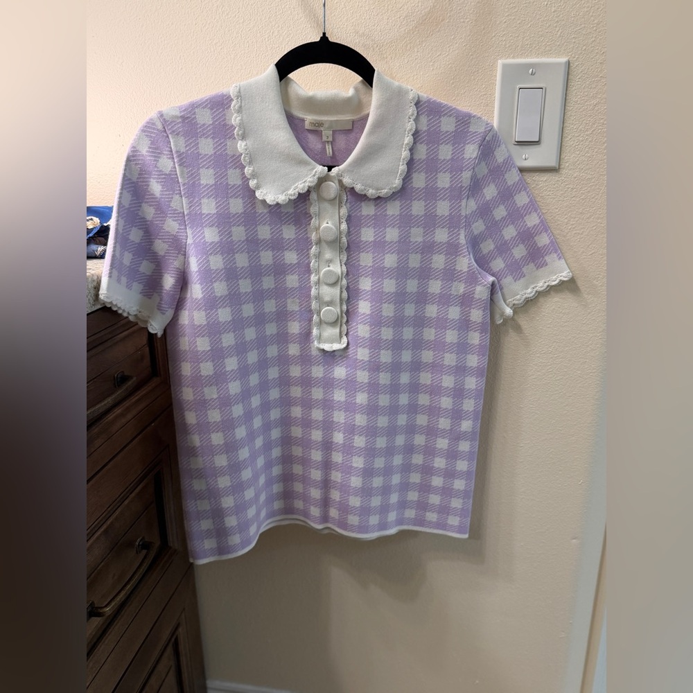 Maje woman’s Lavender Gingham Collared Knit Top with Scalloped Trim - Picture 4 of 8